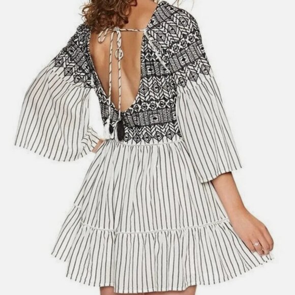 Free People Lola Embroidered Boho Striped Mini Peasant Dress Black/White Size S - Picture 2 of 7